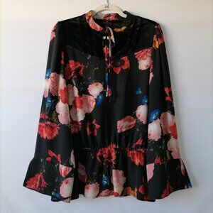 NWT Worthington Womens Black Keyhole Mock Neck Floral Blouse Top Size Large